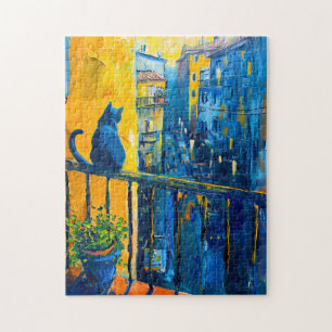 Puzzle Peinture d'un chat sur une rambarde de balcon rega