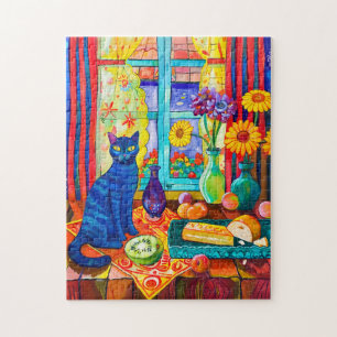 Puzzle Peinture d'un chat sur une table de cuisine près d