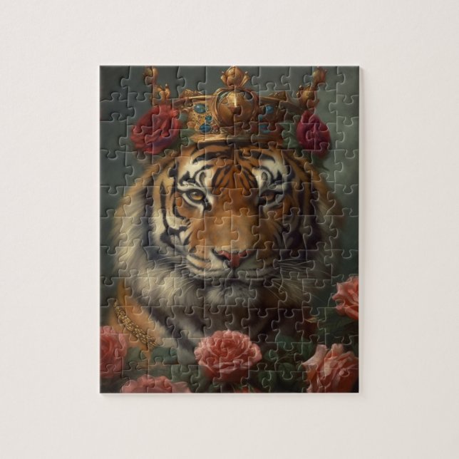 Puzzle Peinture d'un tigre avec couronne et Rose (Vertical)