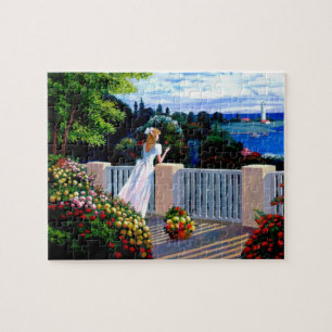 Puzzle Peinture Girl surplombant la mer Méditerranée J