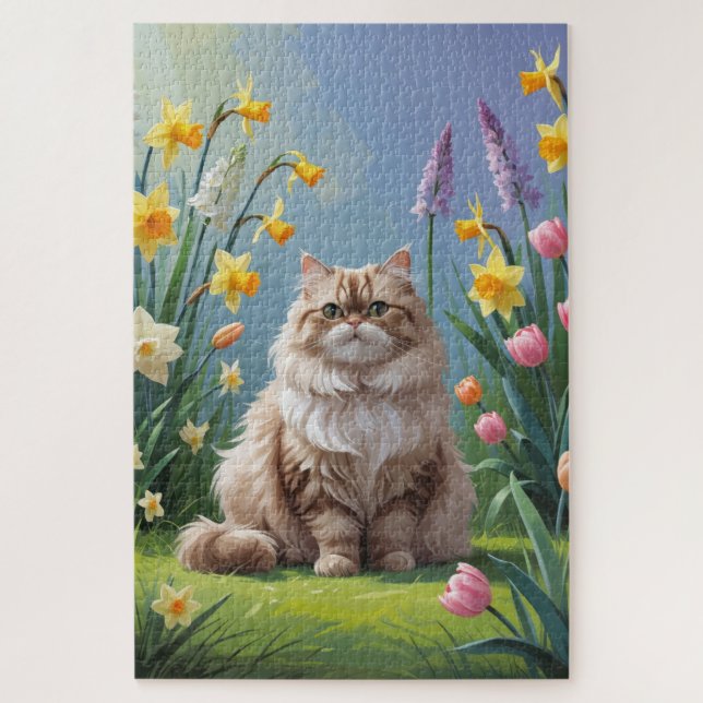Puzzle Peinture Perse Fleurs de Printemps Chat (Vertical)