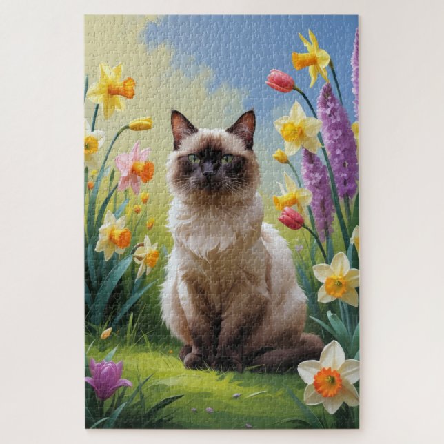 Puzzle Peinture Siamese Chat Fleurs de Printemps (Vertical)