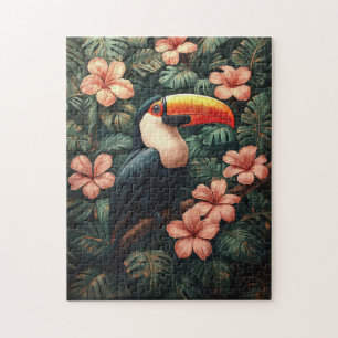 Puzzle Peinture Toucan Tropical Fleurs Roses