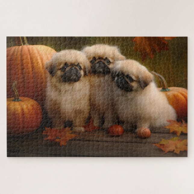 Puzzle Pekingese Chiot Automne Citrouille délice (Horizontal)
