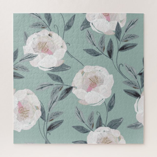 Puzzle Peonies Roses Blanches : Broderie Florale. (Vertical)