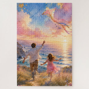Puzzle Père et fille faisant voler un cerf-volant au-dess