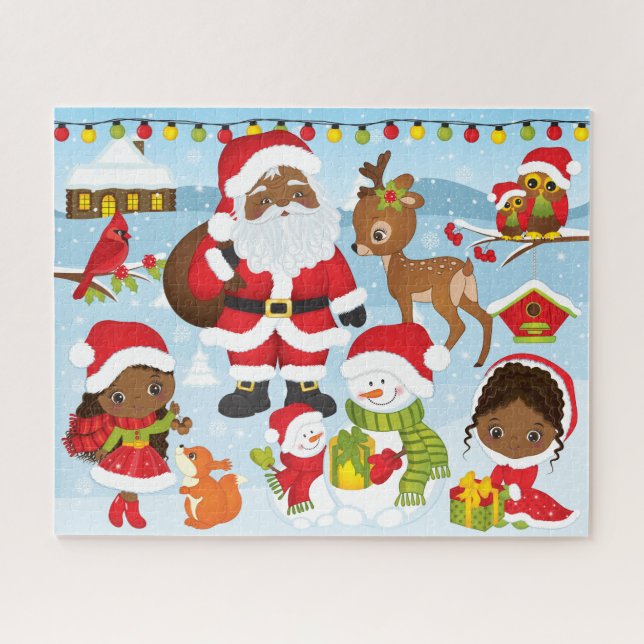 Puzzle Père Noël afro-américaine avec des petites filles  (Horizontal)