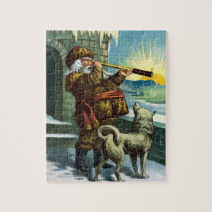 Puzzle Père Noël de Noël vintage Chien télescope Coucher 