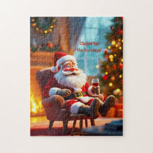 Puzzle Père Noël drôle se relaxant avec du vin rouge