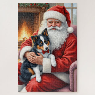 Puzzle Père Noël tenant l'art de Noël Border Collie