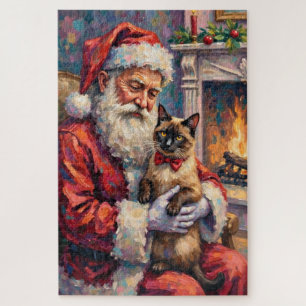 Puzzle Père Noël tenant un chat siamois - Art de Noël