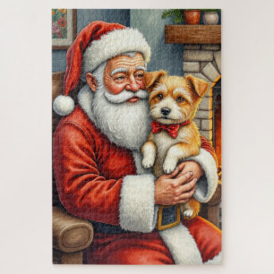 Puzzle Père Noël tenant un terrier australien de Noël 