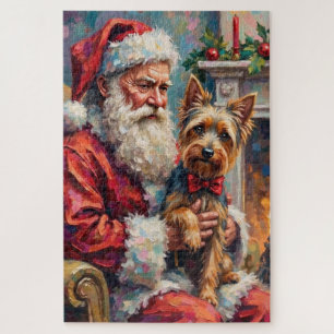 Puzzle Père Noël tenant Yorkshire Terrier Noël
