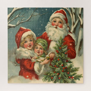 Puzzle Père Noël vintage, Enfants et Arbre de Noël