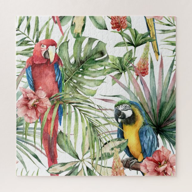 Puzzle Perroquets tropicaux, hibiscus : motif d'aquarelle (Vertical)