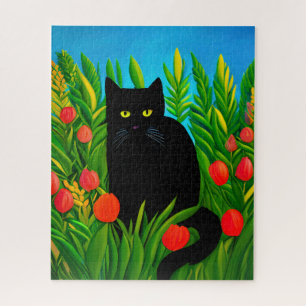 Puzzle Petit chat noir dans un jardin de tulipes