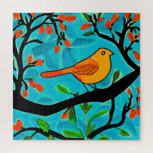 Puzzle Petit oiseau orange sur une branche de fleurs