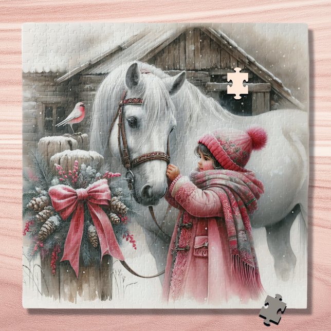 Puzzle Petite fille et son cheval Noël rustique (Créateur téléchargé)
