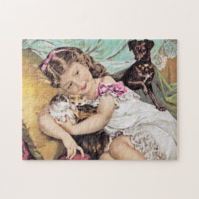 Puzzle Petite fille vintage avec chatons et chien (Horizontal)
