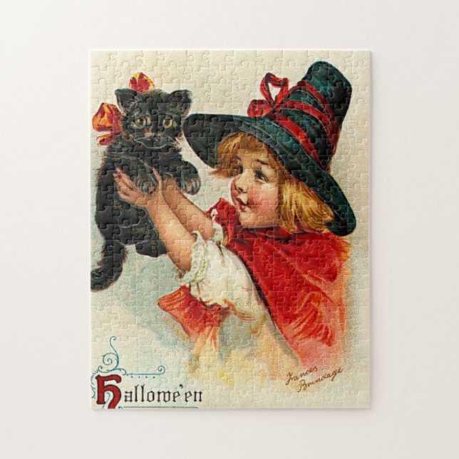 Puzzle Petite sorcière vintage et chat noir (Vertical)