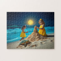 Petites filles et une tortue de mer construisant d