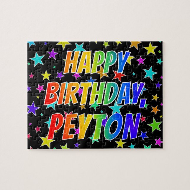 Puzzle "PEYTON" Prénom, Amusant "HEUREUX ANNIVERSAIRE" (Horizontal)
