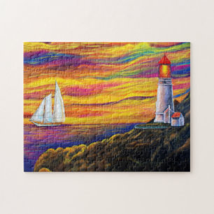 Puzzle Phare au coucher du soleil avec voilier Océan