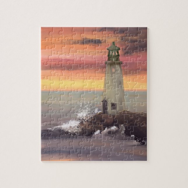 Puzzle Phare Côtier Avec Ciel Rose Et Orange (Vertical)