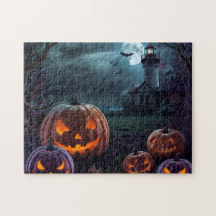 Puzzle Phare hanté avec Citrouilles Éffrayants