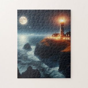 Puzzle Phare nautique/côtier la nuit avec lune