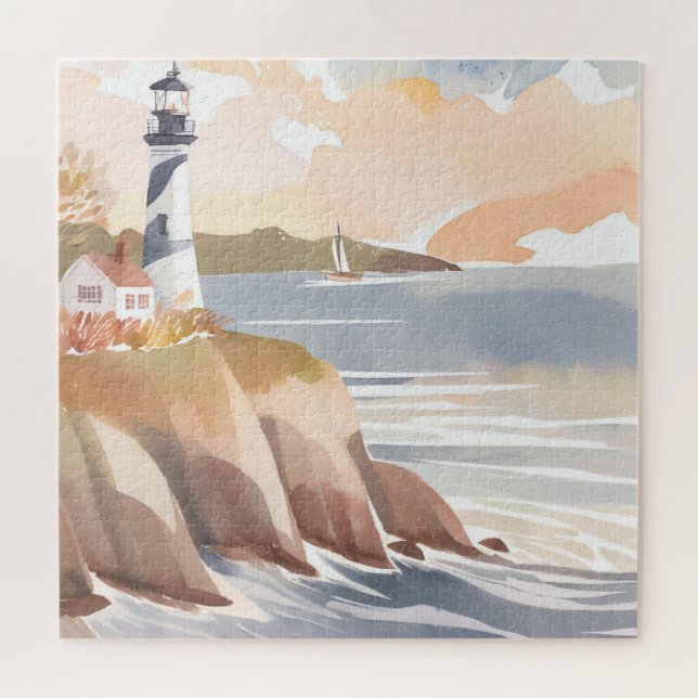 Puzzle Phare sur la rive | Océan aquarelle (Horizontal)