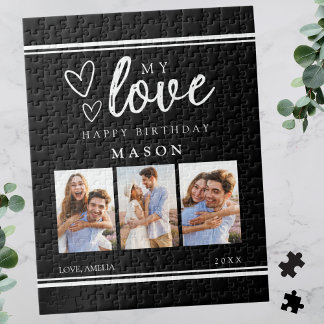 Puzzle Photo Collage Modern Black Happy Birthday
