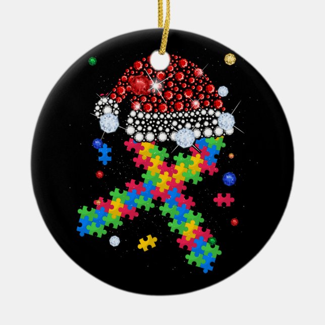 Puzzle Piece Ribbon Weihnachtsmannmütze Weihnachte Keramik Ornament (Vorne)