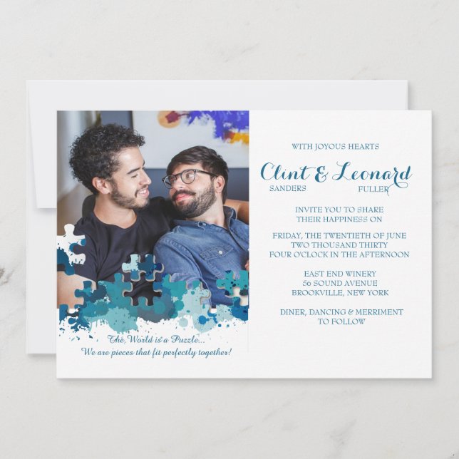 Puzzle Pieces Blue Foto Hochzeit Einladung (Vorderseite)