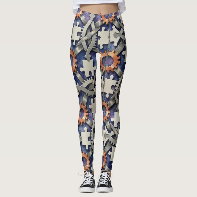 Puzzle Pieces Gears Nahtloses Muster Leggings (Vorderseite)