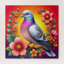Pigeon coloré entouré de fleurs vibrantes