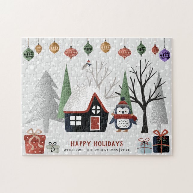 Puzzle Pingouins et arbres d'hiver Joyeuses vacances Noël (Horizontal)
