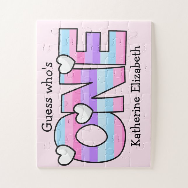 Puzzle Pink Purple Ombre Grille Coeurs Premier anniversai (Vertical)