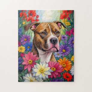 Puzzle Pitbull dans le jardin des fleurs