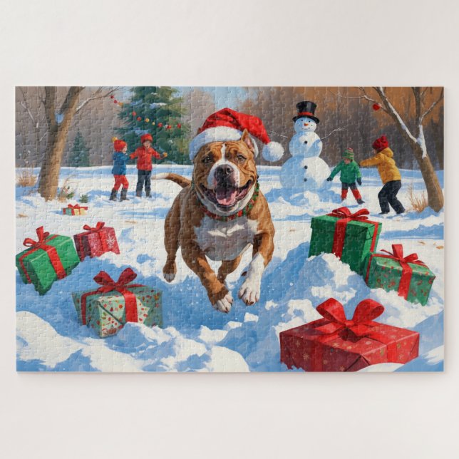 Puzzle Pitbull Dog courir dans la neige avec le Casquette (Horizontal)