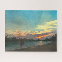 Puzzle Plage au coucher du soleil avec deux promenades pe