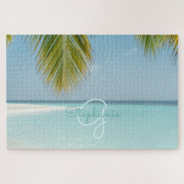 Puzzle Plage tropicale Turquoise Monogram Palm Tree (Horizontal)