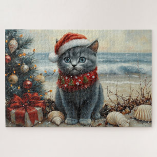 Puzzle Plage Vintage de Noël de chat bleu russe