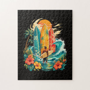 Puzzle Planche de surf Hawaï vague plage surfeur vintage