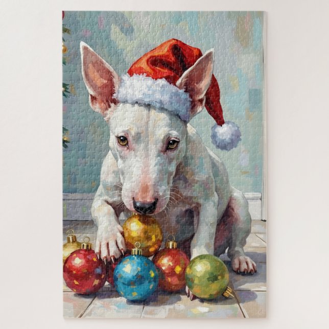 Puzzle Playful Bull Terrier Dog Guarding Christmas (Vertical)