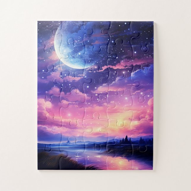 Puzzle Pleine lune Céleste Étoiles Nuages Mystique Violet (Vertical)