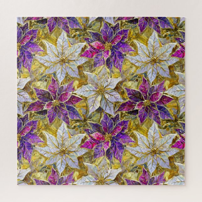 Puzzle Poinsettias de Noël blanc or violet rose (Vertical)
