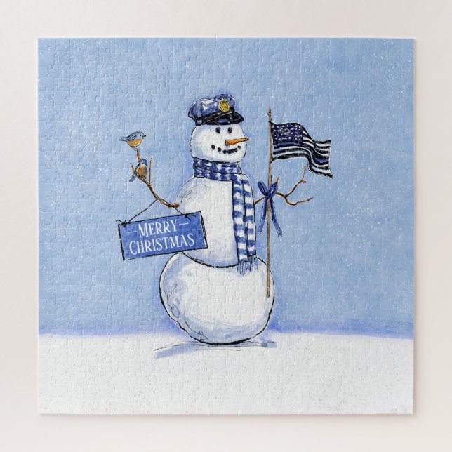 Puzzle Police Mince Ligne Bleue Snowman Noël (Vertical)