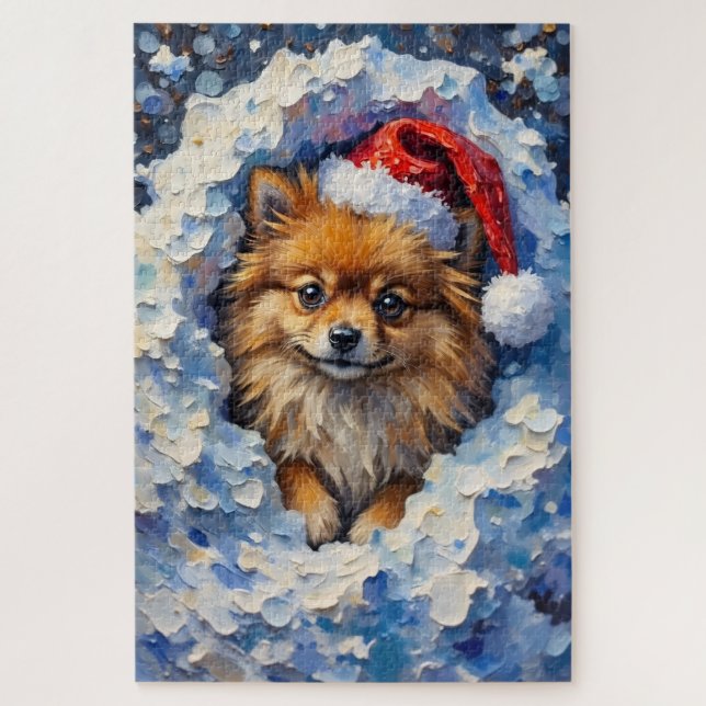 Puzzle Pomeranian Lost in a Fluff of Christmas Snow Hat (Vertical)