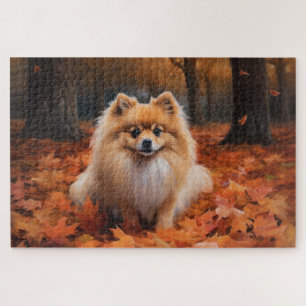 Puzzle Poméranie dans les feuilles d'automne qui tombent 